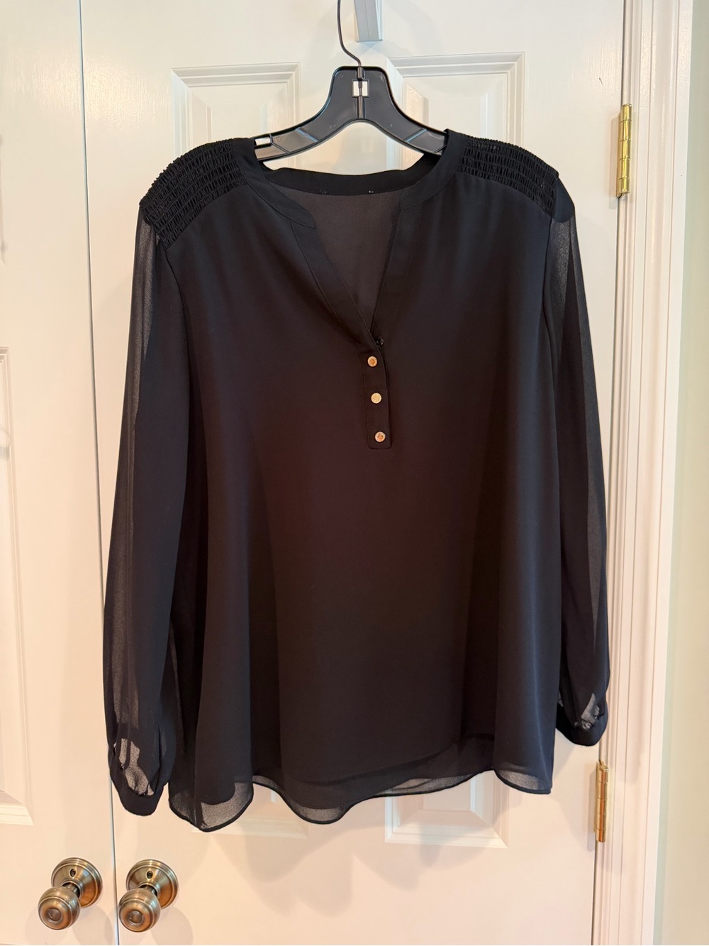 NYDJ Black Semi-Sheer Long Sleeve V-Neck Blouse with Button Placket